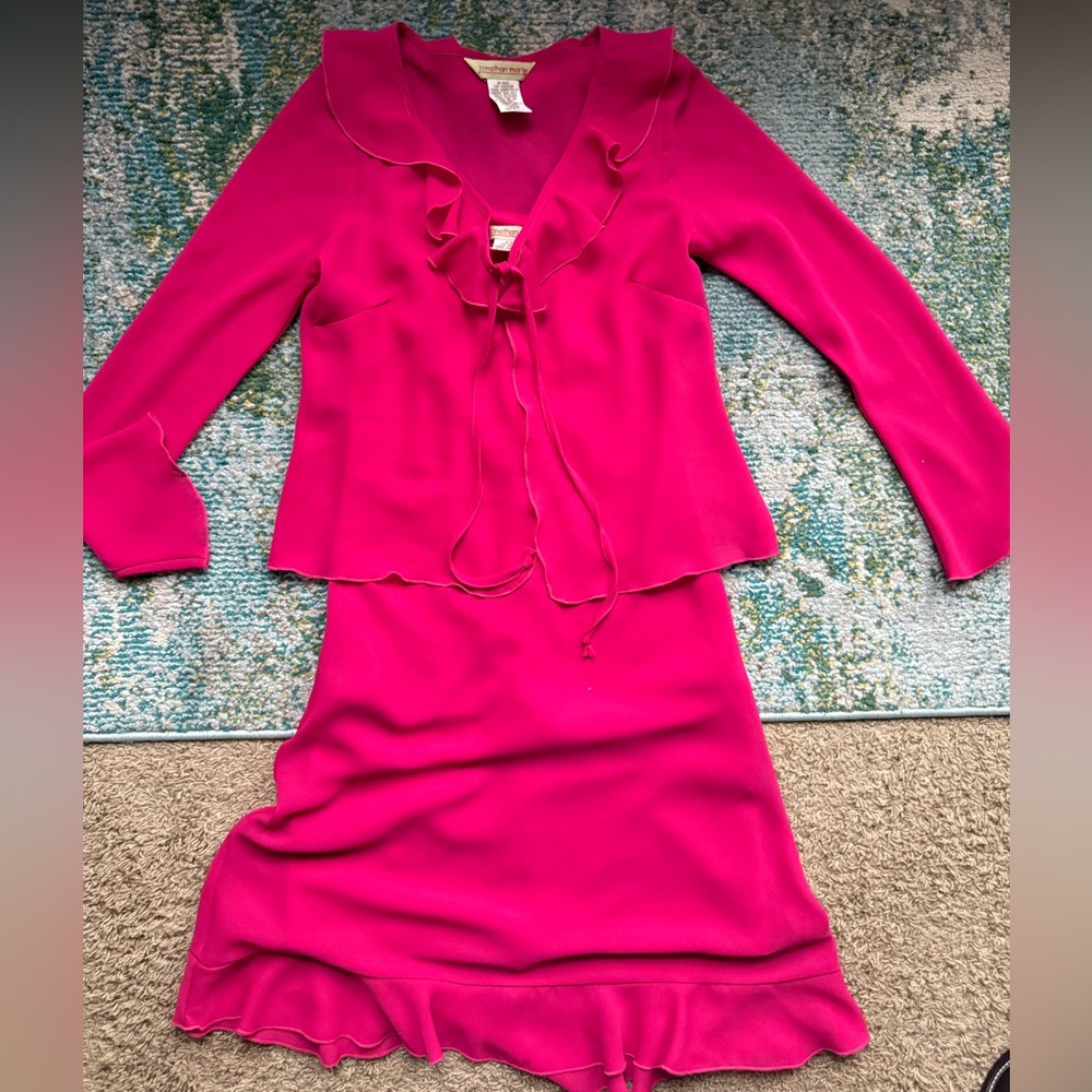 Vintage Jonathan Martin pink ruffle sheer cardigan dress set, size 9